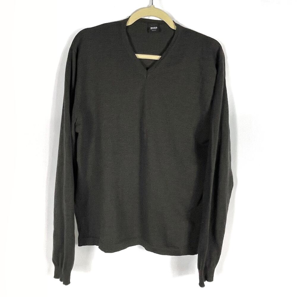 Hugo Boss Brown Sweater Virgin Wool V-Neck Pullover Long‎ Sleeve Sz XL Men